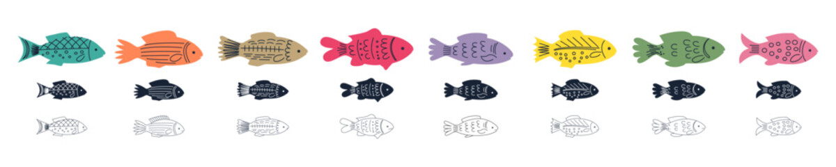 Fish. A set of hand drawn colorful abstract fish. Black silhouettes and outlines of fish. Minimalist modern vector illustration Scandinavian design. Kid's vector illustration of ocean sea fish