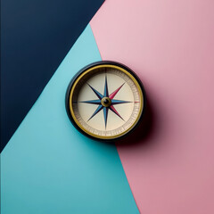 Stylish top-down view of a classic compass placed on a modern pastel geometric background with navy, teal, and pink segments