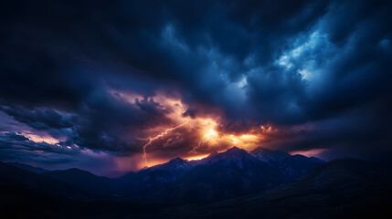 Fototapeta premium Mountains in a dramatic thunderstorm, with swirling dark clouds and occasional lightning illuminating the landscape below.
