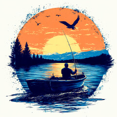 Artistic illustration of a man fishing alone in a small boat on a calm lake during sunset, with mountains and birds in view