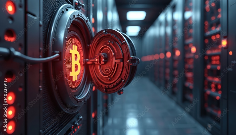 Poster futuristic illustration bitcoin vault, digital data center environment. crypto security concept. bit