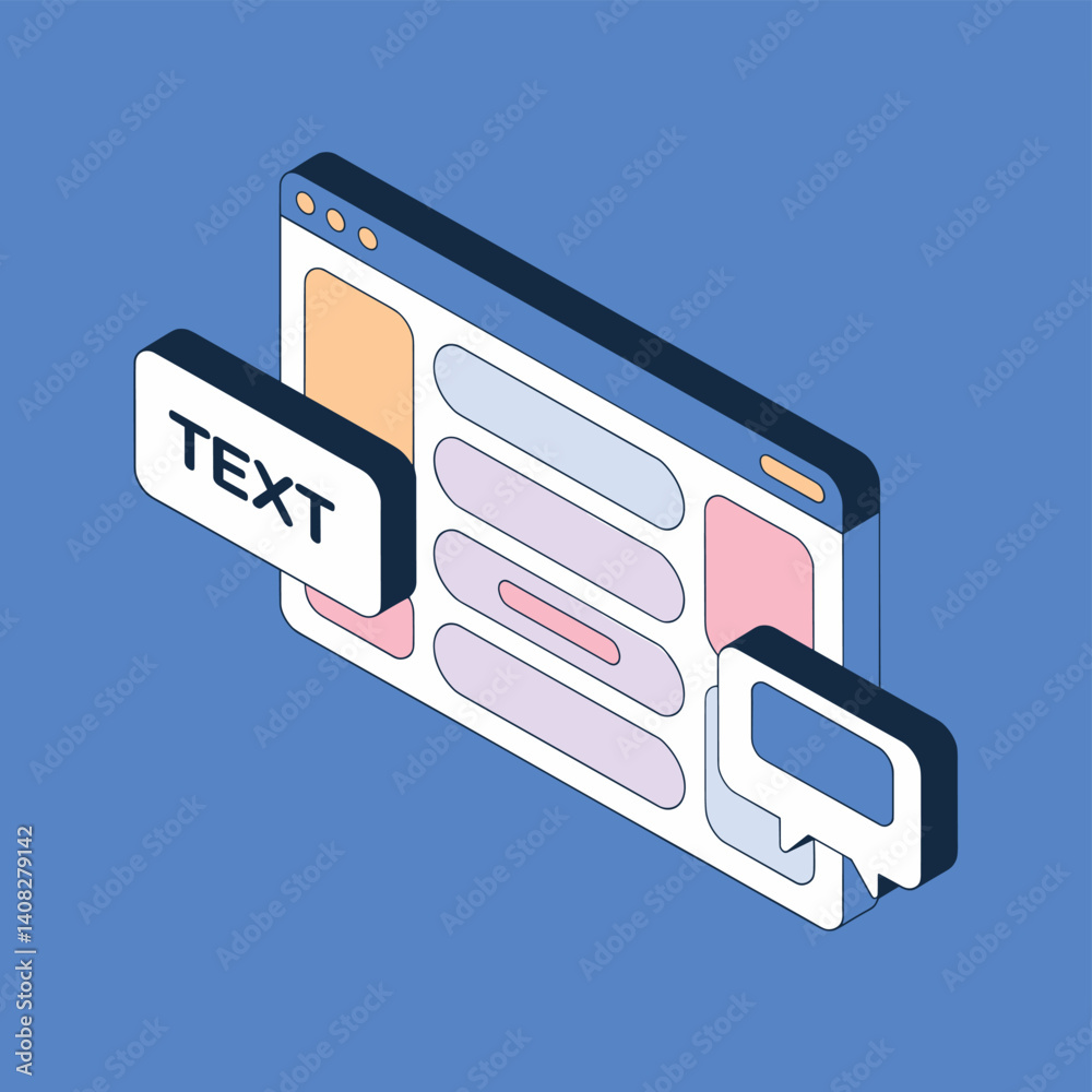 Poster isometric illustration of a webpage user interface with message bubbles and text box.