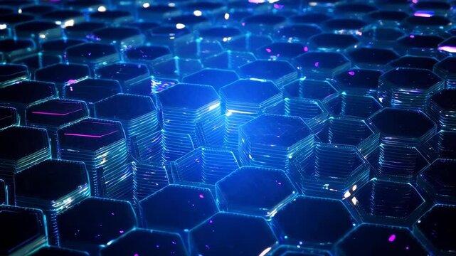 Futuristic glowing hexagonal grid in blue neon light. Abstract digital background perfect for themes of technology, innovation, blockchain, or artificial intelligence.