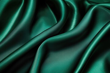 Fototapeta premium Luxurious emerald green satin fabric with elegant drapes and soft sheen.