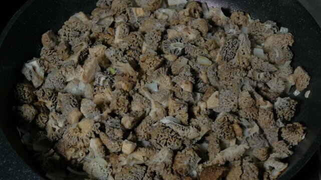 The cook fries morel mushrooms in a frying pan. Close-up. 
