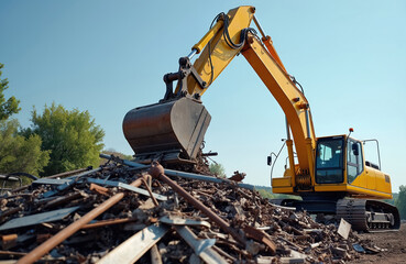 Yellow excavator loads scrap metal at junkyard, recycling yard. Heavy machinery, construction equipment processes iron junk, waste for reuse. Hydraulic arm with grabber, grapple is lifting trash.