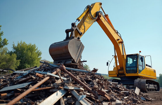 Yellow excavator loads scrap metal at junkyard, recycling yard. Heavy machinery, construction equipment processes iron junk, waste for reuse. Hydraulic arm with grabber, grapple is lifting trash.