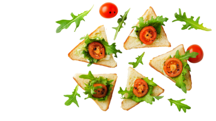 Mini sandwich triangles with lettuce and tomato, top view, white background PNG