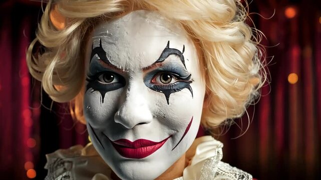 Whimsical Clown with White Face Paint and Bright Red Lips