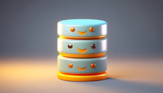 Smiling Cartoon Database Stack Representing Data Storage and Management in a Playful 3D Rendered Illustration on a Gradient Background