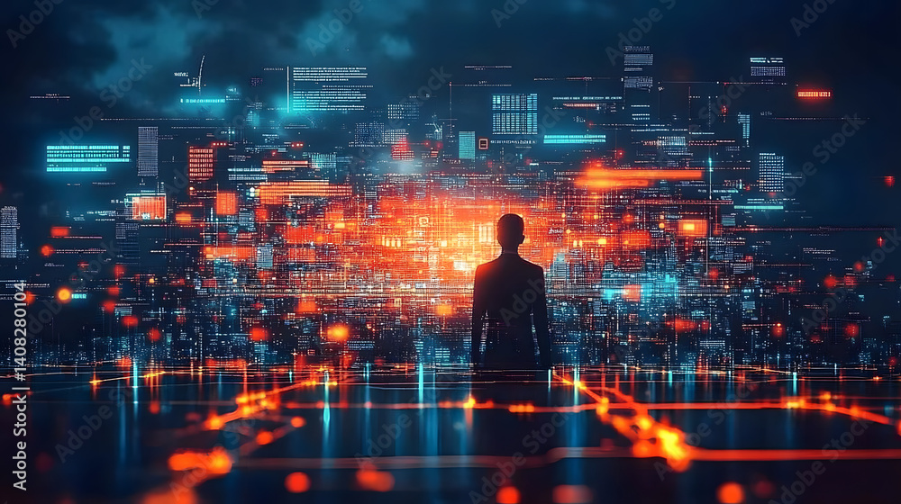 Poster conceptual illustration of ai-powered predictive analytics, showcasing data-driven decision making