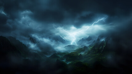 Mountains shrouded in mist and dark clouds, with flashes of lightning creating an eerie atmosphere as a thunderstorm approaches.