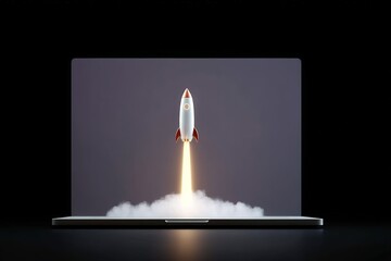 Creative illustration of a rocket launch from a laptop on a dark background showcasing innovation and technology