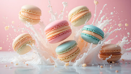 Pastel Macarons Cascade in Creamy Splash, Pink Backdrop.