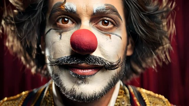 Male Clown with Red Nose and Curly Mustache Makeup