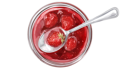 Glass jar of strawberry jam with spoon, top-down view, PNG format