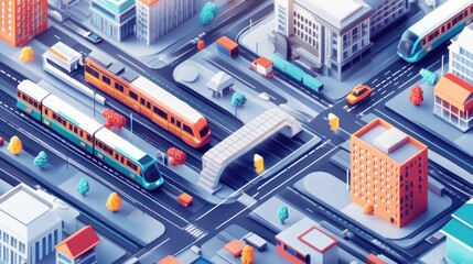 A vibrant, stylized, isometric view of a city with various transportation methods.