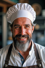 A smiling chef in a white hat and apron stands proudly in a bustling kitchen preparing for service