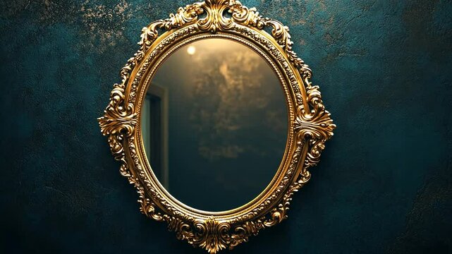 Golden oval mirror with ornate frame on dark teal textured wall background