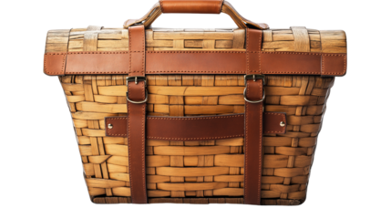 Wooden picnic basket closed with leather straps, top view, white background PNG