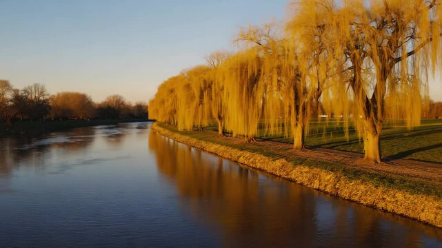 Picturesque river view with a row of golden weeping willow trees under a tranquil sky