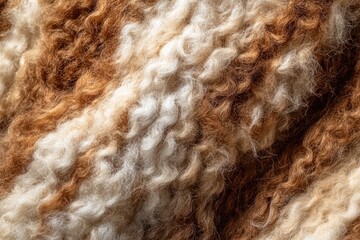Close-up of fluffy, textured yarn in shades of brown and off-white, creating a wavy pattern.