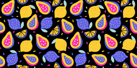 Tropical Exotic Fruit Pattern Crayon Papaya Lemon Bg Texture Summer Vector Chalk Cartoon Seamless Abstract Background Chalk Organic