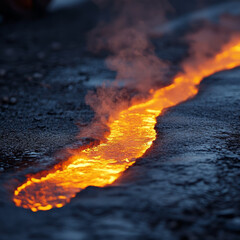 Flowing lava glowing brightly on a rugged surface.