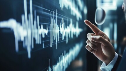Businessperson interacting with a large screen displaying financial data.