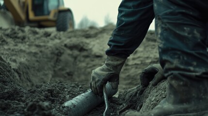 Water utility worker replacing underground pipes in an urban area. Featuring infrastructure maintenance and precision