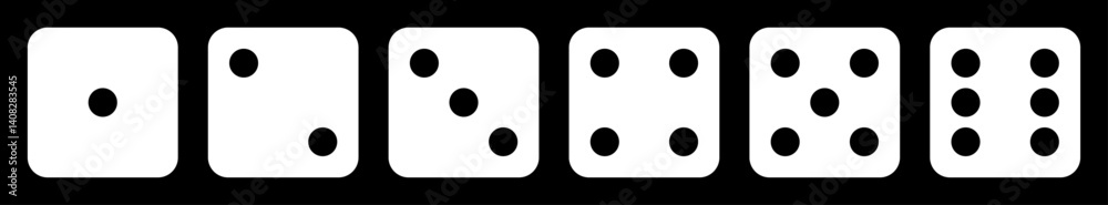 Poster die icon set with all six faces in white color with black dots. ludo game dice icons collection. set