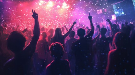 A crowd of people enjoying a party with confetti everywhere