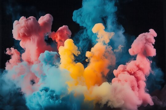 A dramatic action shot of billowing plumes of pink, blue, and orange dense smoke swirling in the air, set against a minimal background.