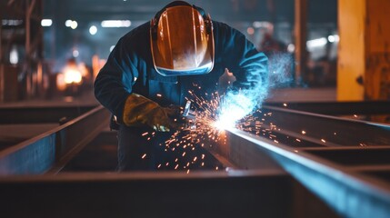 Welder fusing metal beams at a construction site. Featuring precision and craftsmanship