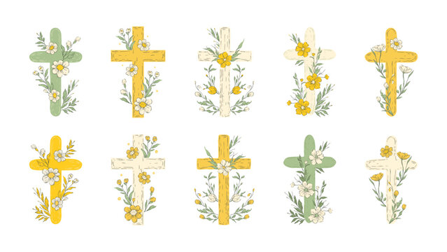 Easter Cross Sketch Set Rustic Collection Jesus Christ Crosses Religion Vector Catholic Floral Vintage Pastel Flowers