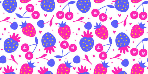 Tropical Exotic Fruit Pattern Strawberry Cherry Crayon Bg Texture Summer Vector Chalk Cartoon Seamless Abstract Background Chalk Organic