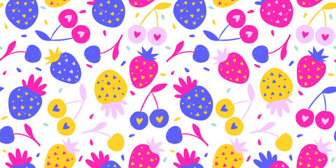 Tropical Exotic Fruit Pattern Strawberry Cherry Crayon Bg Texture Summer Vector Chalk Cartoon Seamless Abstract Background Chalk Organic