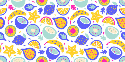 Tropical Exotic Fruit Pattern Crayon Bg Kiwi Lemon Banana Carambola Coconut Mix Texture Summer Vector Chalk Seamless Abstract Background