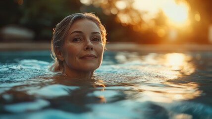 A serene woman swimming in a pool at sunset, enjoying nature.