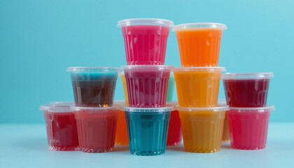 Jelly cups in bright colors stacked on top of each other.
