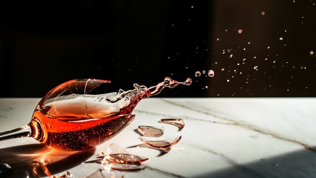 A wine glass shatters on marble, splashing rose wine and glistening droplets