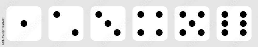 Poster die icon set with all six faces in white color with black dots. ludo game dice icons collection. set