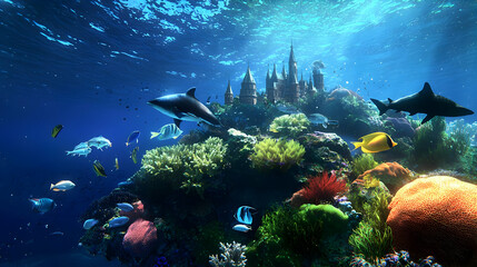 Fototapeta premium Vibrant Underwater Scene with Colorful Coral Reef and Diverse Marine Life Swimming Around a Sunken Castle