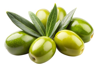 Obraz premium Green olives with leaves isolated on white background png