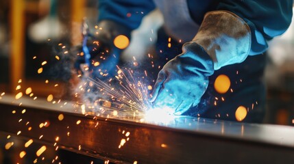 Welder fusing metal beams with sparks flying in a workshop. Featuring strength and precision