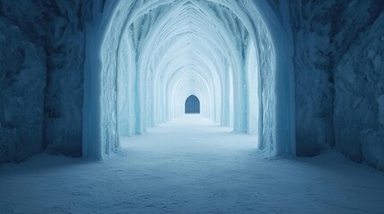 Fototapeta premium Frozen passageway of ice architecture enchanted cave digital rendering ethereal environment serene viewpoint