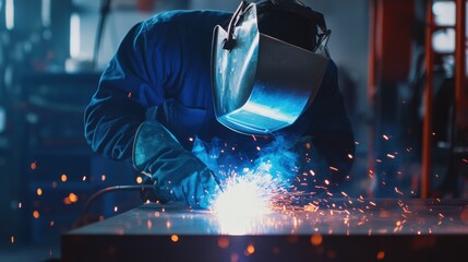Welder fusing metal beams with sparks flying in a workshop. Featuring strength and precision