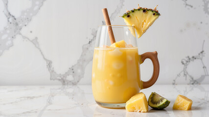 Fototapeta premium Refreshing pineapple juice with ice and lime on a marble background 