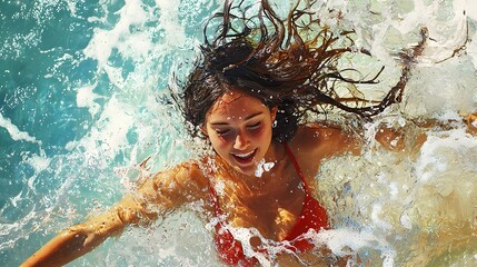 A vibrant energy filled moment as a young woman celebrates the playful nature of water and her own vitality with a bright and refreshing ambiance conveying feelings of brightness freshness