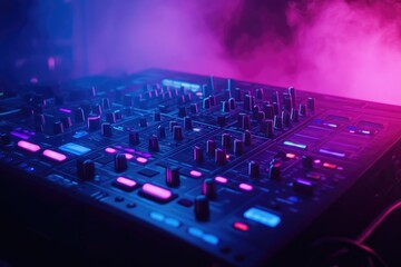 Obraz premium A DJ mixer illuminated with vibrant pink and blue neon lights, creating a dynamic and energetic atmosphere.